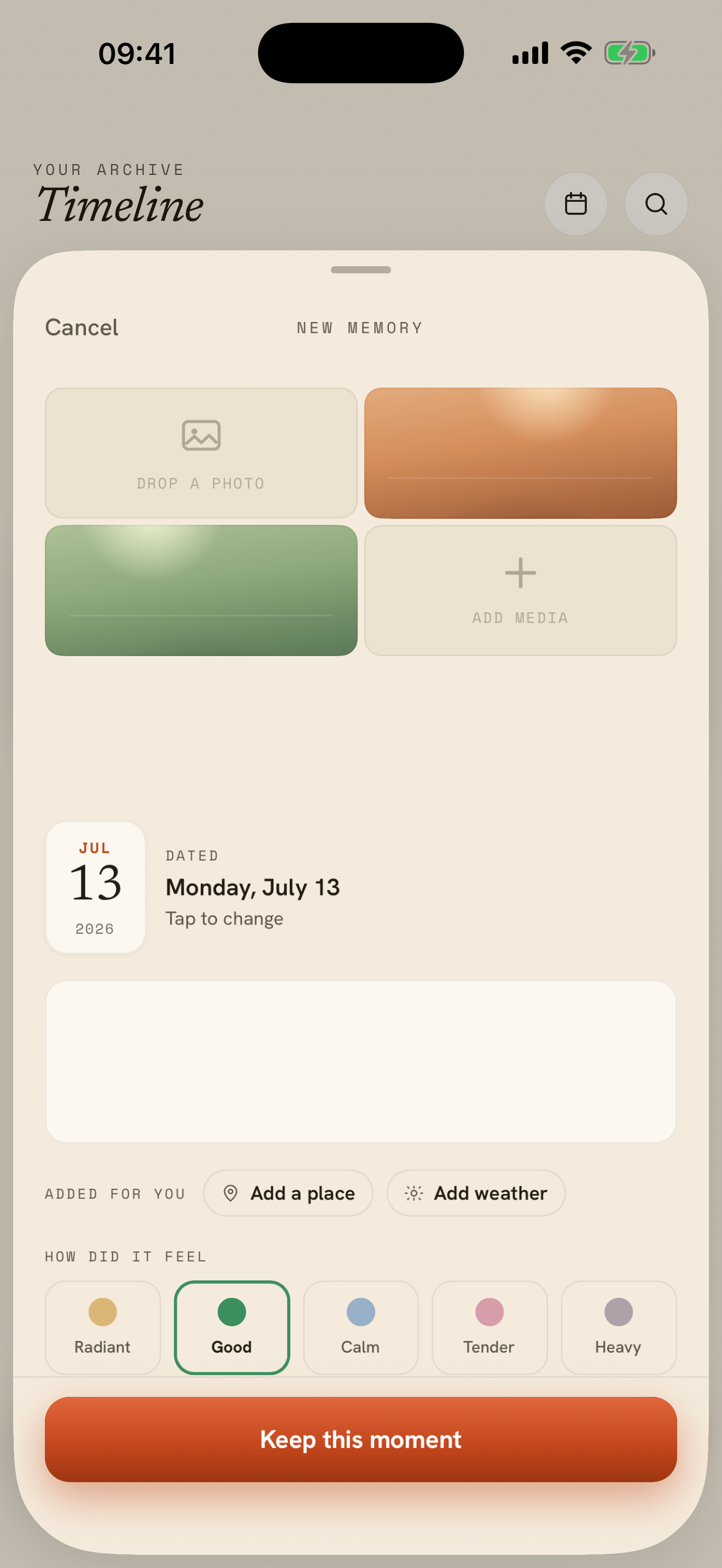 Keepsake capture screen for adding a memory with media and notes