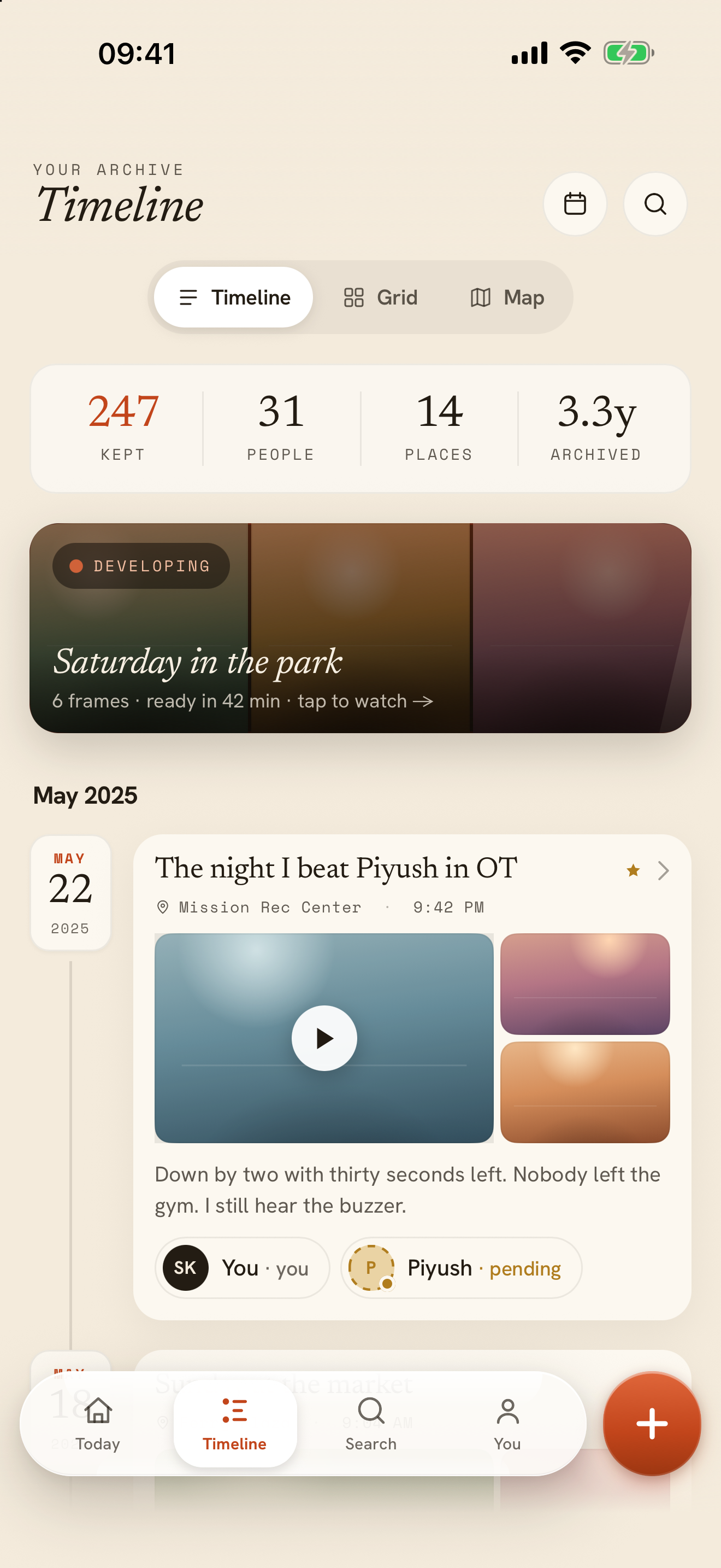 Keepsake timeline showing memories arranged by date